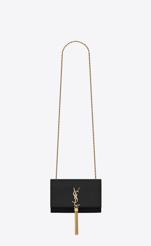 YSL Kate Small Chain Bag With Tassel In Grain De Poudre Embossed Kozene Čierne | 05831-TCXK