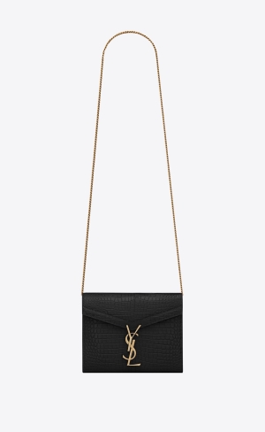 YSL Cassandra Chain Wallet In Crocodile-embossed Shiny Kozene Čierne | 08149-FGYS