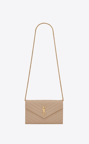 YSL Cassandre Matelassé Chain Wallet In Grain De Poudre Embossed Kozene Tmavo Béžové | 18743-OAXP