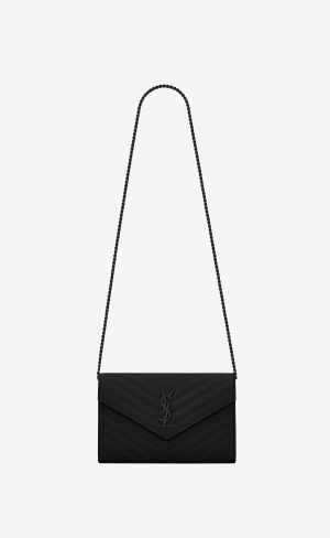 YSL Cassandre Matelassé Chain Wallet In Grain De Poudre Embossed Kozene Čierne | 96541-LUXS