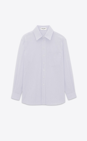 YSL Cassandre Shirt In Pruhované Bavlnene Poplin Blanc Bleu | 87512-XIWM