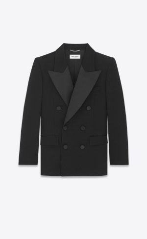 YSL Double-breasted Tuxedo Jacket In Grain De Poudre Čierne | 38697-PZNF