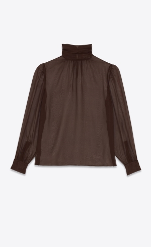 YSL High-neck Blouse In Silk Muslin Cafe | 07523-TGDM
