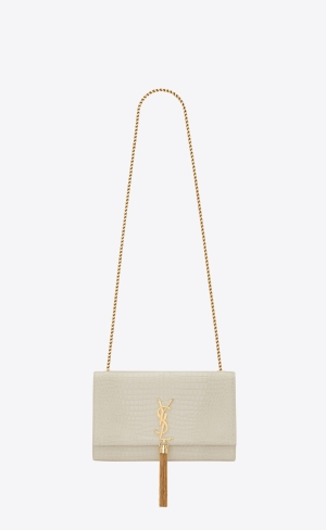 YSL Kate Medium Chain Bag With Tassel In Crocodile-embossed Shiny Kozene Blanc Vintage | 48507-PNYX