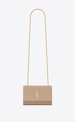 YSL Kate Small Chain Bag In Grain De Poudre Embossed Kozene Tmavo Béžové | 78305-WDAY