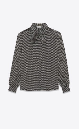 YSL Lavallière-neck Blouse In Jacquard Silk Noir Craie | 92348-AWBM