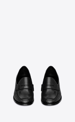 YSL Le Loafer Cassandre Na Podpatku-penny Slippers In Smooth Kozene Noir | 41789-IMJR