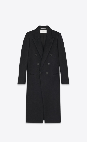 YSL Long Double-breasted Coat In Vlna Felt Noir Brillant | 18239-DKYX