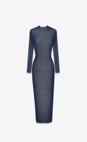 YSL Long Saty In Viscose And Vlna Bleu Nuit | 29630-BEMF