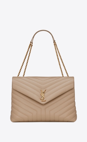 YSL Loulou Large Chain Bag In Prešívané "Y" Kozene Tmavo Béžové | 14072-GKCZ