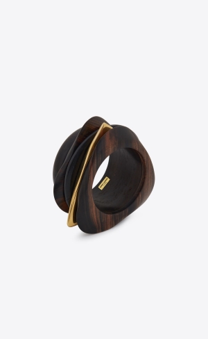 YSL Oversize Bangle In Wood, Bamboo And Metal Čierne Tmavo Hnede Zlate | 60258-VRGW