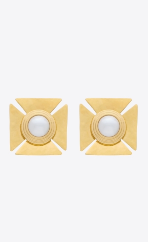YSL Pearly Square Earrings In Metal Hnede Zlate | 86593-JTUP