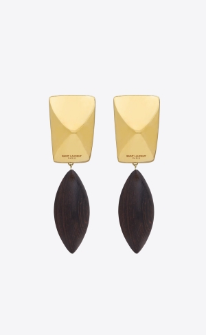 YSL Pyramid Earrings In Wood And Metal Hnede Zlate | 70681-IMUW