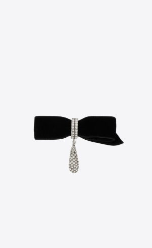 YSL Rhinestone Knot And Drop Brooch In Metal And Velvet Argent Oxyde Et Crystal | 67591-KZJB