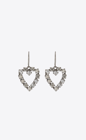 YSL Rhinestone Open Heart Earrings In Metal Strieborne | 07341-SYZT