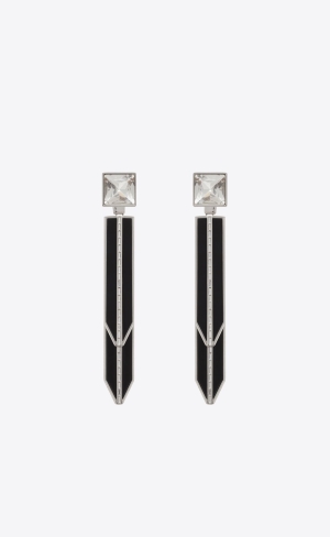 YSL Rhinestone Square And Spike Earrings In Metal And Resin Strieborne Čierne | 06135-ERUP