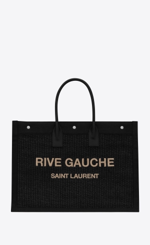 YSL Rive Gauche Large Tote Bag In Embroidered Raffia And Kozene Noir | 79641-NBIR