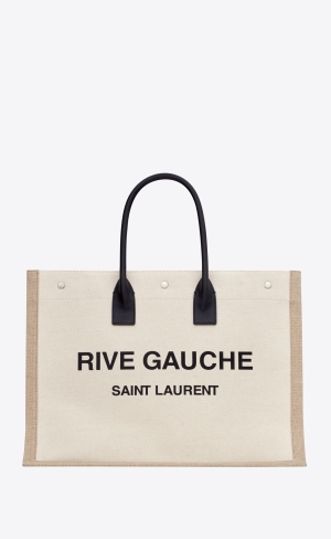 YSL Rive Gauche Large Tote Bag In Printed Platene And Kozene Lin Blanc | 04289-TZWC