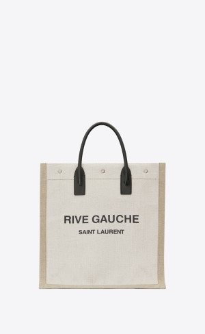 YSL Rive Gauche N/S Shopping Bag In Linen And Bavlnene Biele Béžové | 80479-SKCG