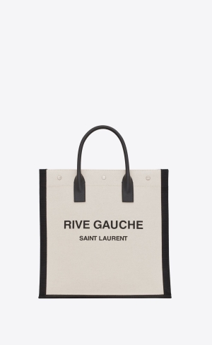 YSL Rive Gauche North/South Tote Bag In Printed Linen And Kozene Lin Blanc | 60249-UFJC