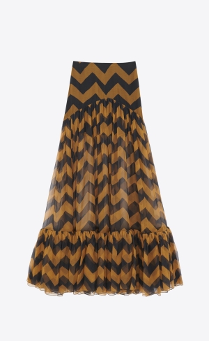 YSL Ruffled Long Skirt In Chevron Silk Paille Et Noir | 71592-OHBZ