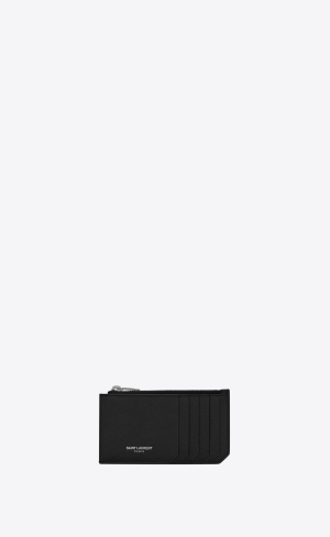 YSL Saint Laurent Paris Fragments Zipped Card Case In Grain De Poudre Embossed Kozene Čierne | 72836-MZKQ