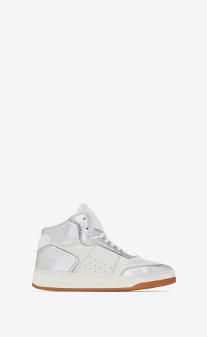 YSL Sl/80 Stredne-top Sneakers In Smooth And Grained Kozene Argent Et Blanc Optique | 05348-YTAG