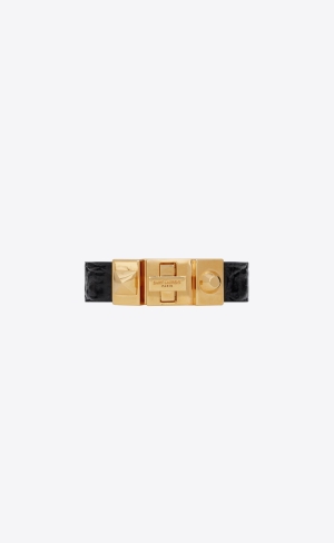 YSL Studded Closure Bracelet In Crocodile-embossed Kozene And Metal Čierne Zlate | 38945-YWTX
