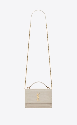 YSL Sunset Chain Wallet In Crocodile-embossed Shiny Kozene Blanc Vintage | 35146-YZNS