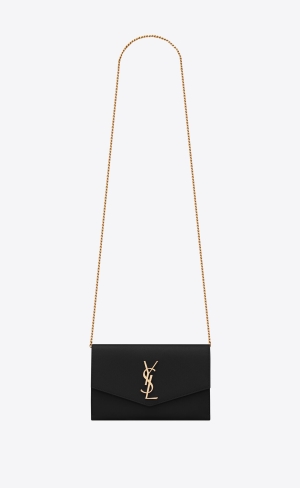YSL Uptown Chain Wallet In Grain De Poudre Embossed Kozene Čierne | 16583-ROHY