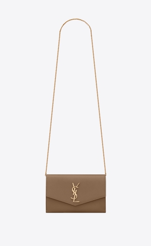 YSL Uptown Chain Wallet In Grain De Poudre Embossed Kozene Siva Hnede | 61348-XYUP